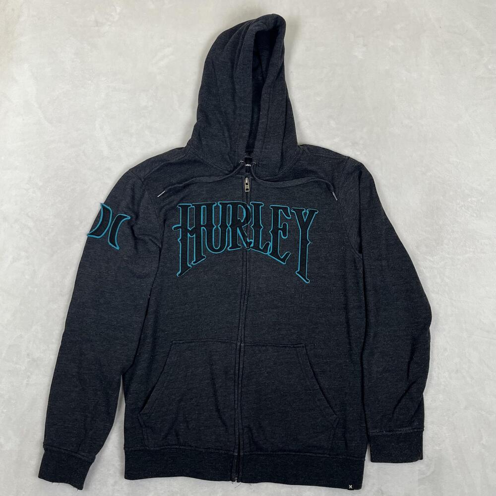 Vintage Hurley Hoodie Mens Large Gray Full Zip Fleece Sweatshirt Surf Y2K